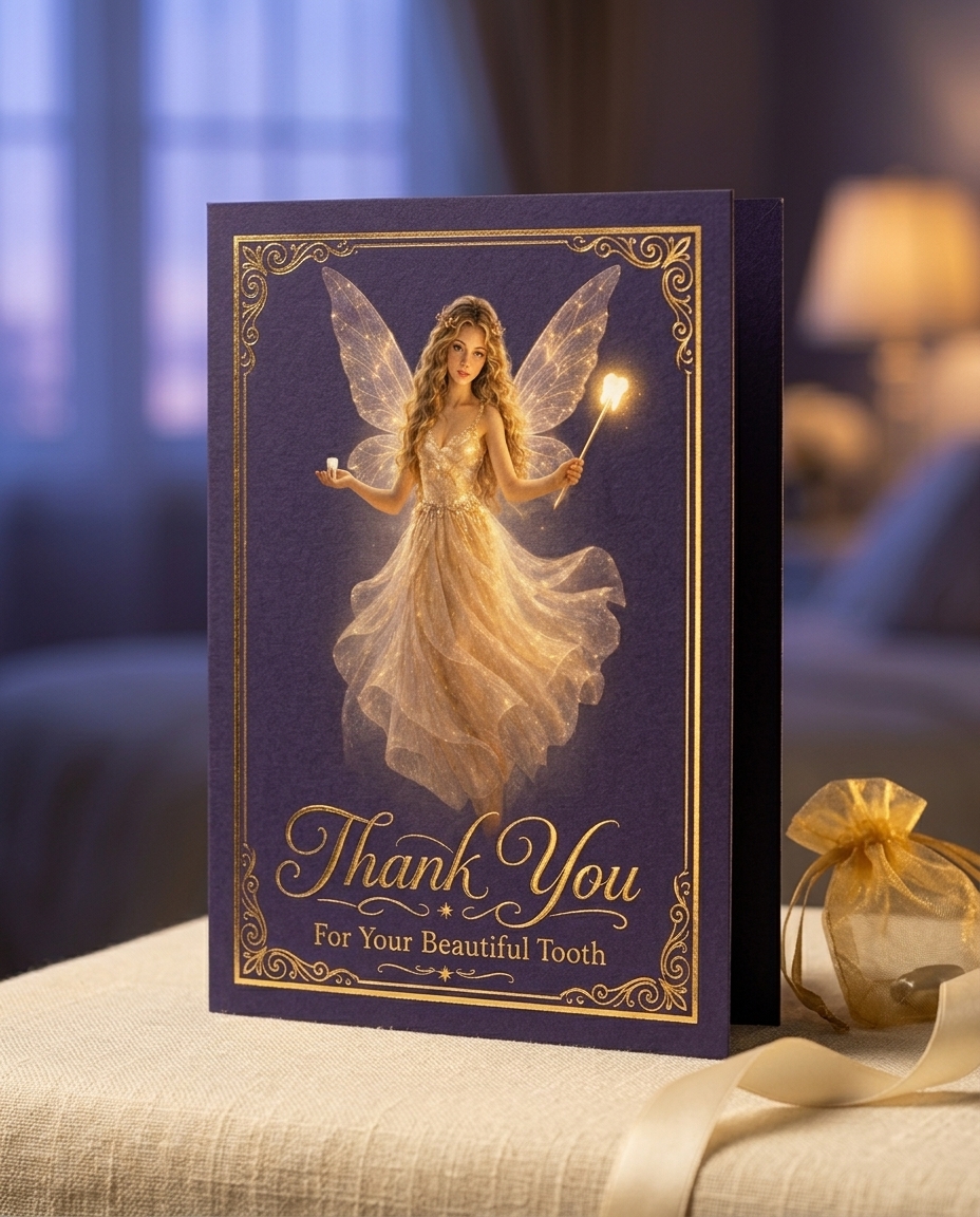 A real Talking Tooth Fairy keepsake greeting card standing propped on cream linen. Deep twilight-purple matte cardstock with a metallic gold-foil ornamental border, a full-figure Tooth Fairy in shimmering champagne tulle, and 'Thank You For Your Beautiful Tooth' in gold-foil cursive catching the warm light. A gold organza Fairy Dust pouch sits softly beside it.