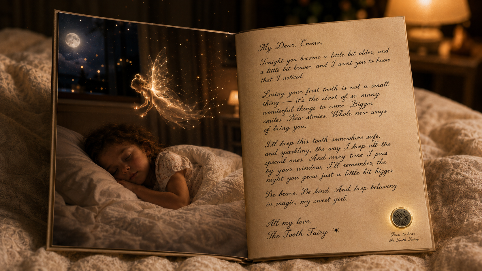 An open Talking Tooth Fairy card showing a sleeping child with a glowing fairy on the left page and a handwritten letter from the Tooth Fairy on the right page, with a small golden speaker module embedded in the corner