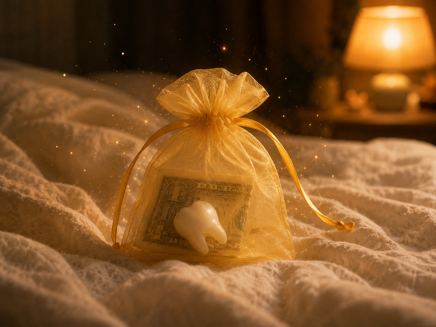 A small gold organza drawstring pouch on a soft duvet, holding a folded dollar bill and a tiny baby tooth, with magical golden sparkles drifting upward