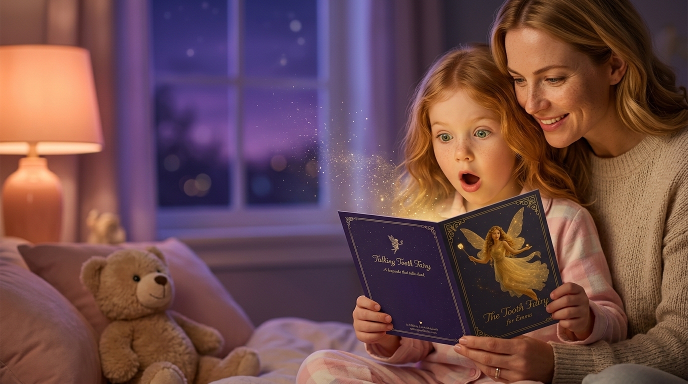 A mother and her young daughter in a softly lit twilight bedroom, opening a Talking Tooth Fairy keepsake card together — the daughter's face lit up with wonder.